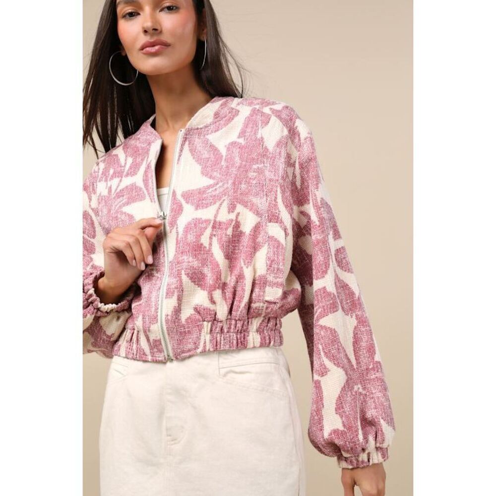 Lulus Signey Light Beige And Mauve Pink Floral Bomber Jacket - Size M